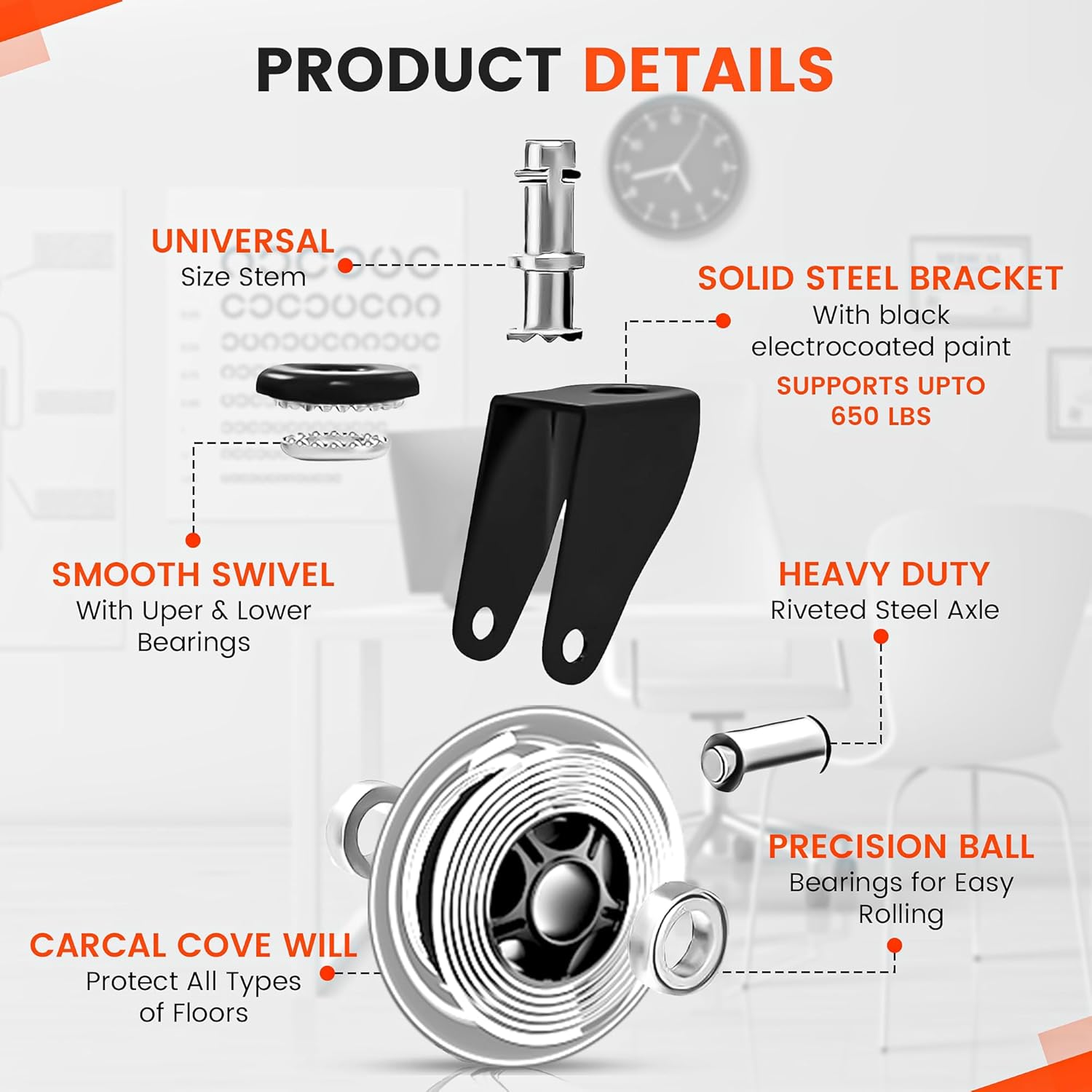 Office Chair Wheels 3" – Set of 5 Rollerblade Casters